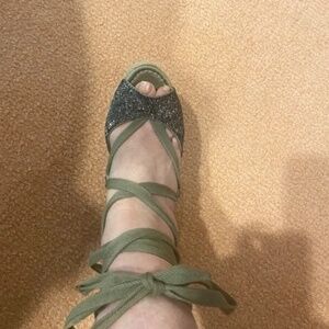 Summer Ready! Unique, Sexy Beaded Ankle Tie Espadrille - Khaki - Size 37